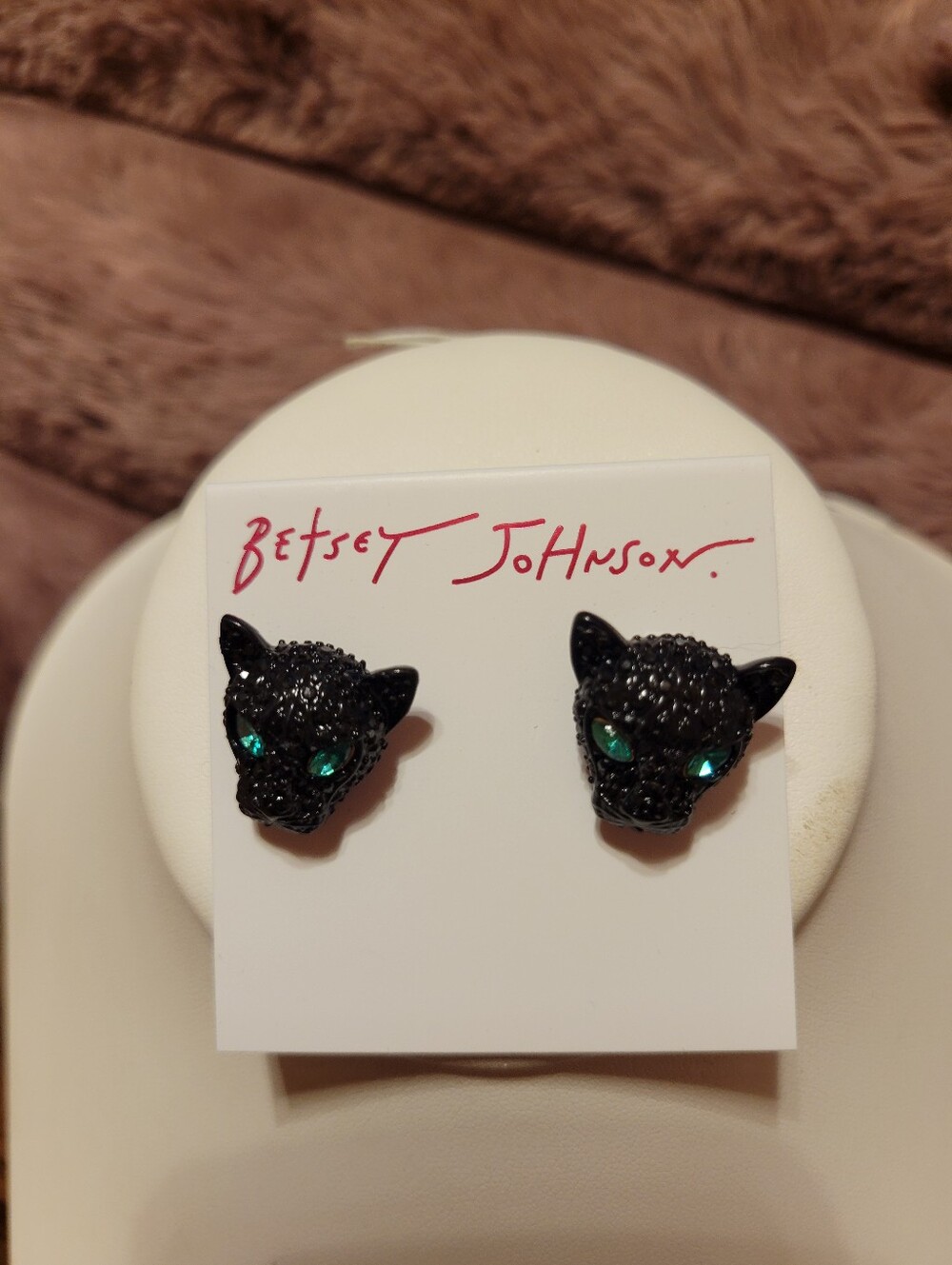 Betsey Johnson Black Panther Head Stud Earrings with Emerald-Green Eyes